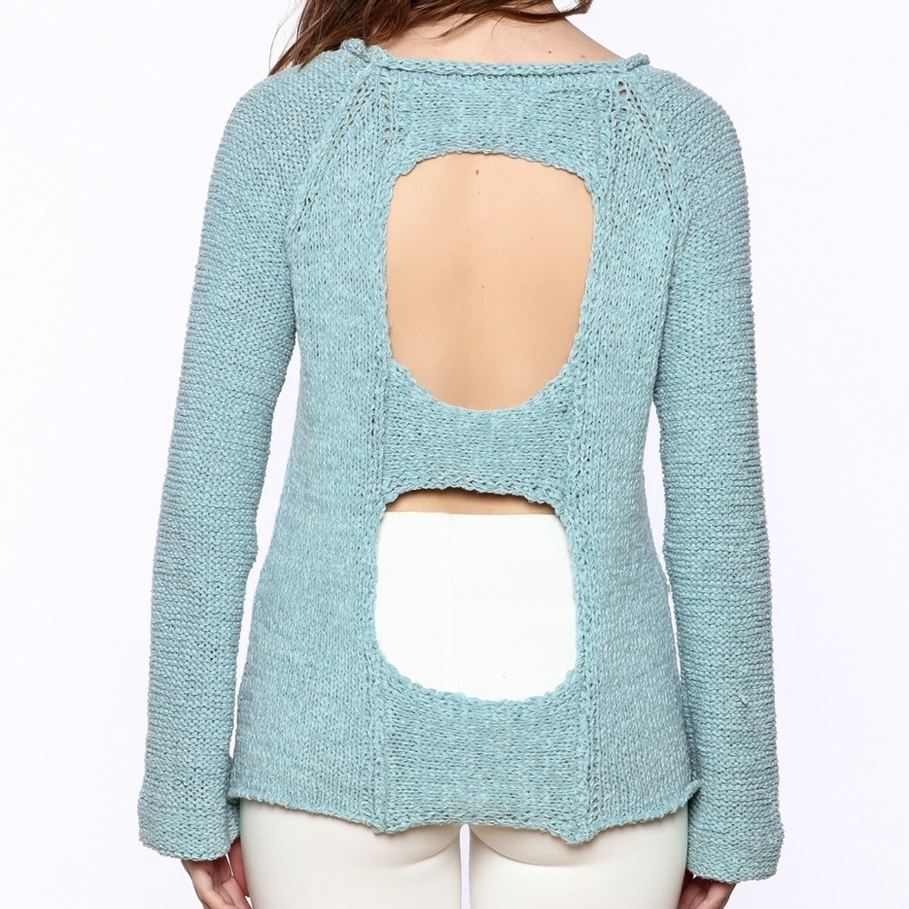 Elan Light Blue Open Back Crochet Style Sweater